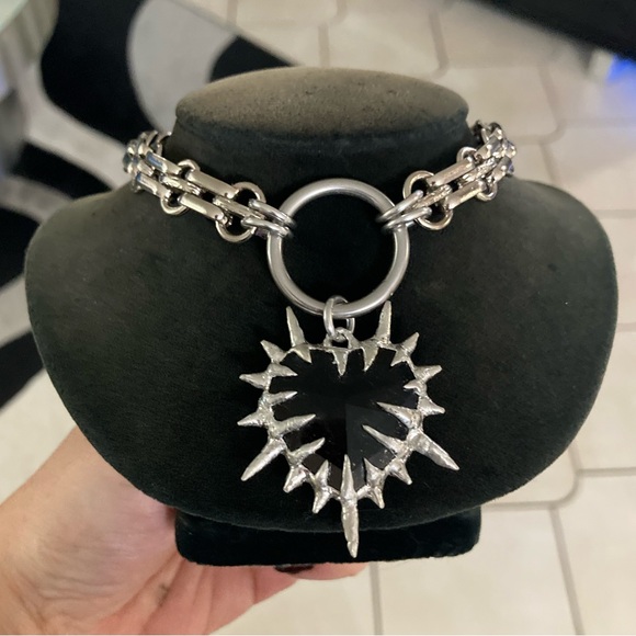 Thick Black onyx stone spike st valentine gothic heart stainless steel choker - Picture 2 of 10